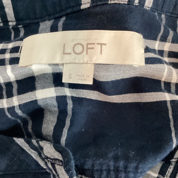 LOFT Navy Plaid Cotton Long Sleeve Tunic Top Size Small - Picture 6 of 7